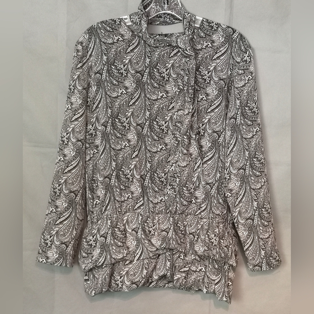 Neo-Vintage Black White Paisley Print Drop Waist 2-Tier Bubble Hem Tunic W/Bow